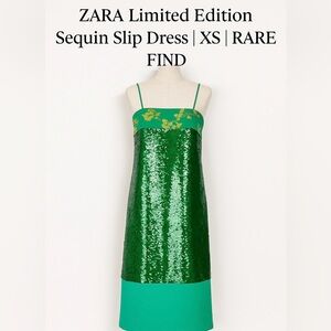 Zara Limited Edition Green Sequin Midi Slip Dress XS with Spaghetti Straps